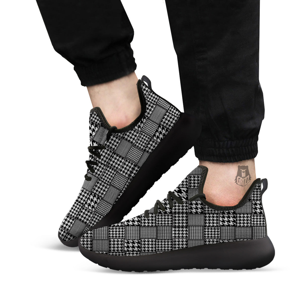 Geometric Patchwork Houndstooth Print Pattern Black Athletic Shoes-grizzshop