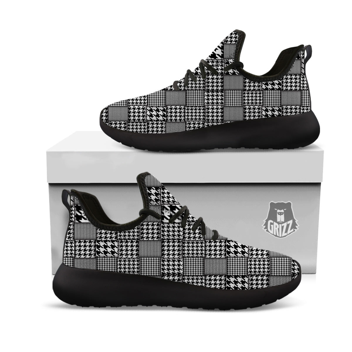 Geometric Patchwork Houndstooth Print Pattern Black Athletic Shoes-grizzshop