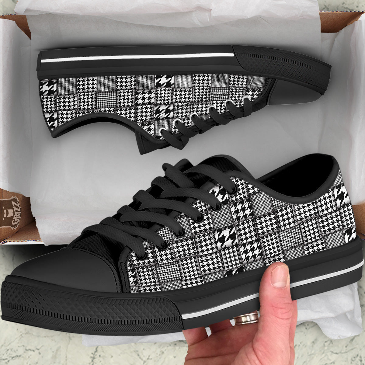 Geometric Patchwork Houndstooth Print Pattern Black Low Top Shoes-grizzshop