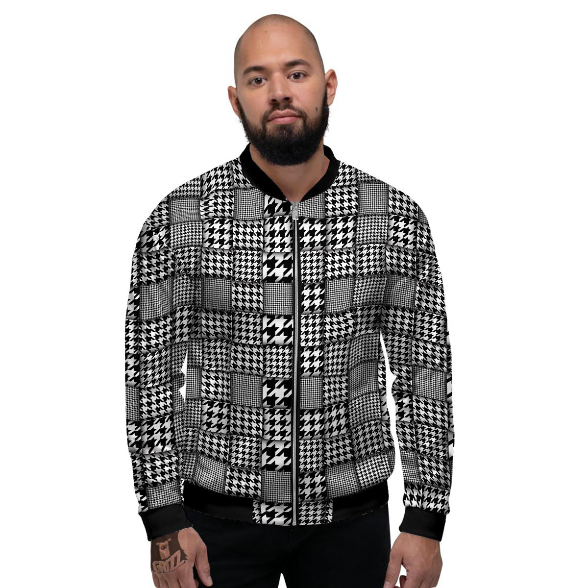 Geometric Patchwork Houndstooth Print Pattern Men's Bomber Jacket-grizzshop