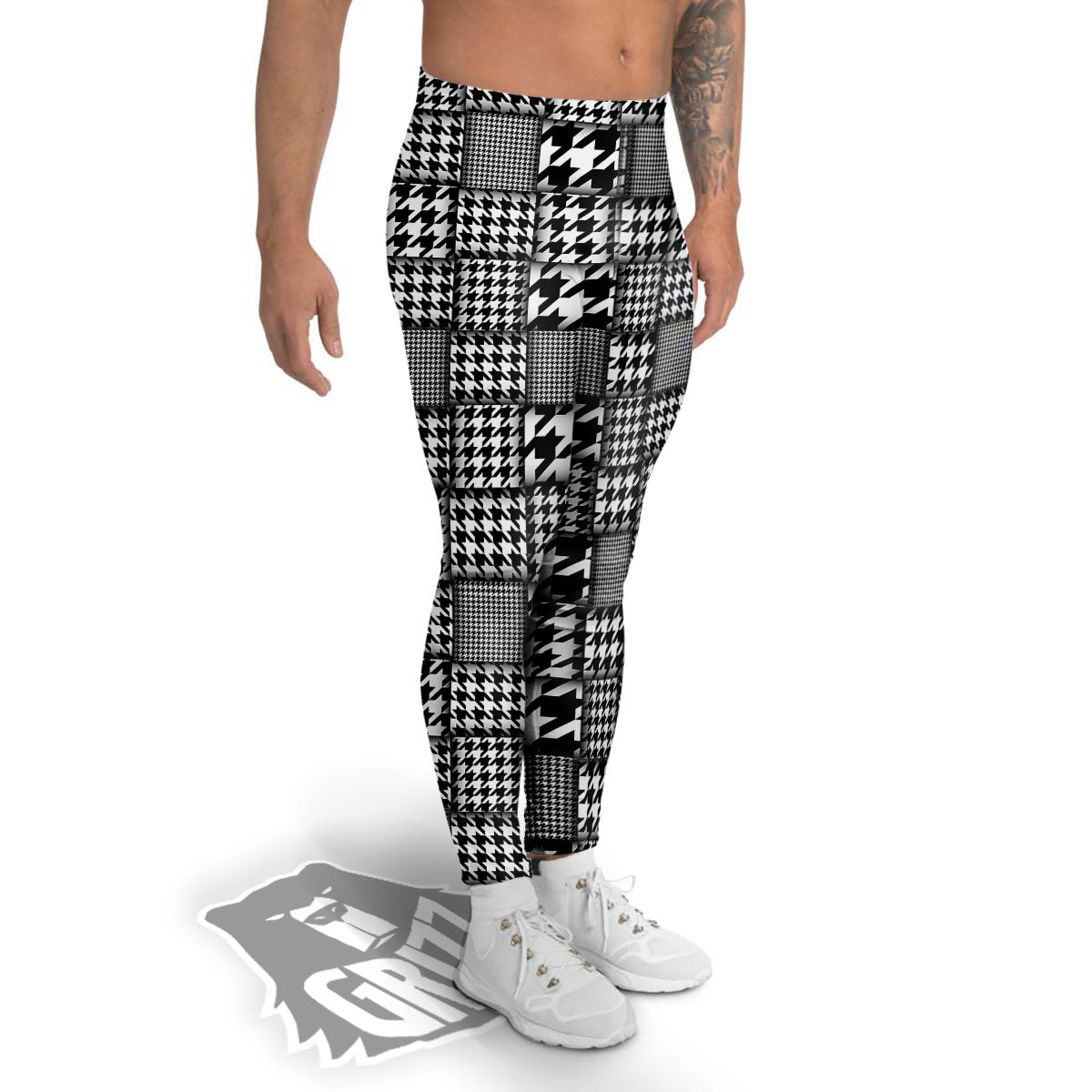 Geometric Patchwork Houndstooth Print Pattern Men's Leggings-grizzshop