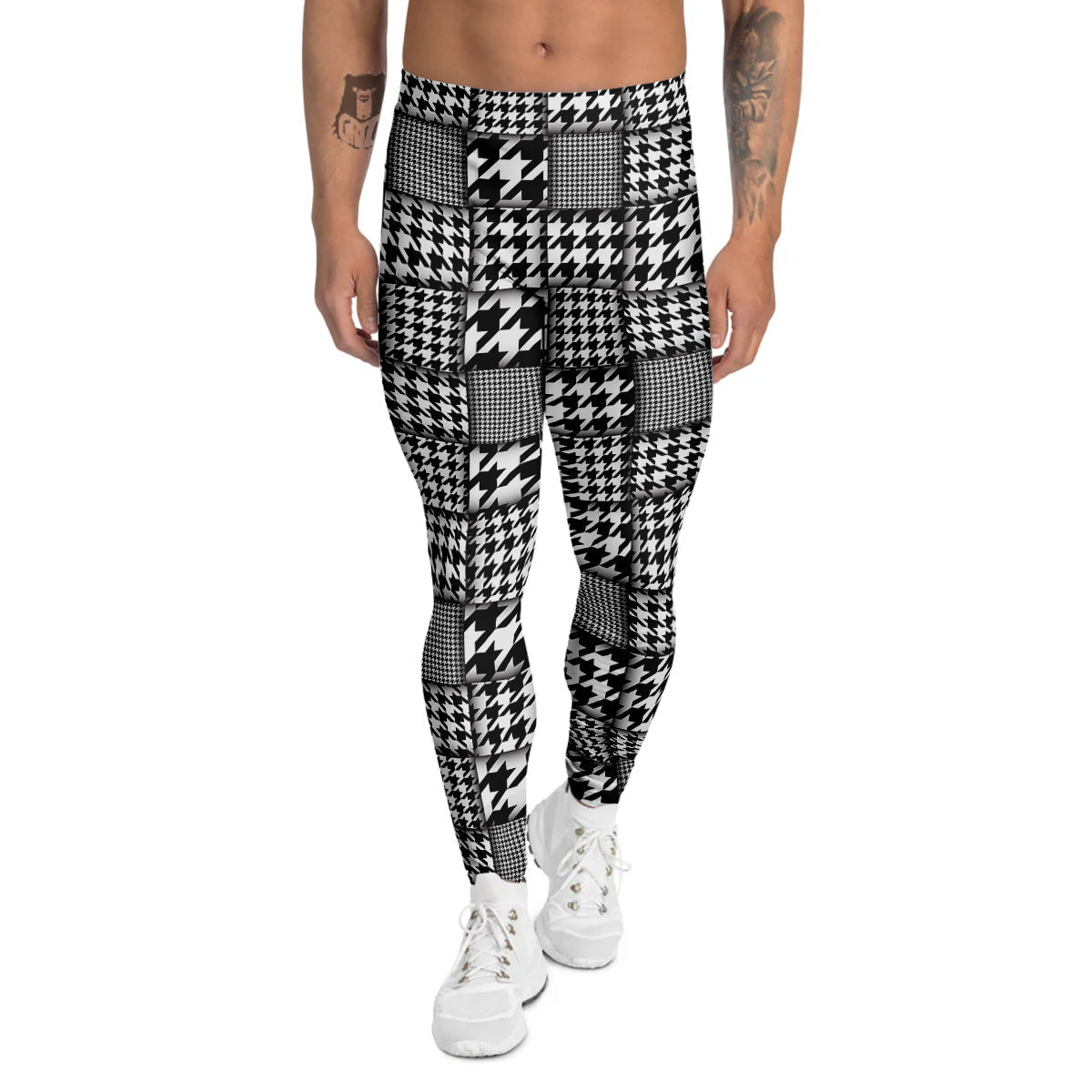 Geometric Patchwork Houndstooth Print Pattern Men's Leggings-grizzshop