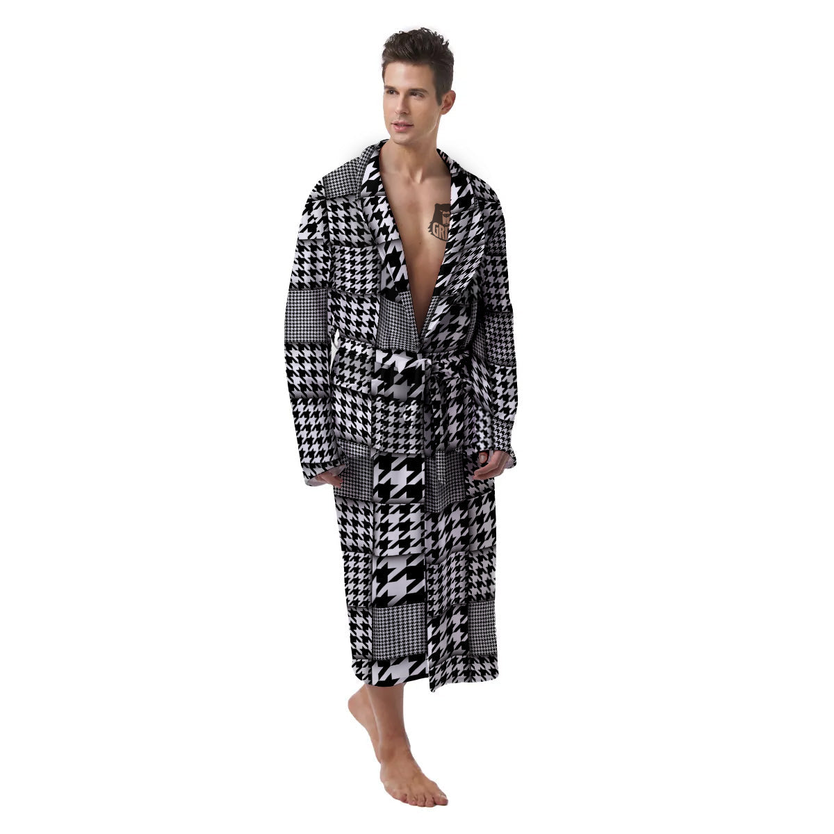 Geometric Patchwork Houndstooth Print Pattern Men's Robe-grizzshop