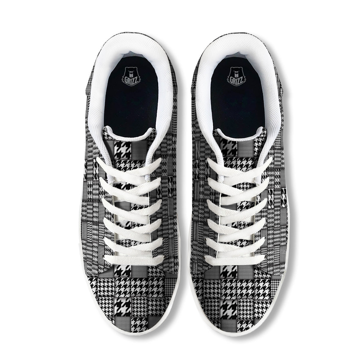 Geometric Patchwork Houndstooth Print Pattern White Low Top Sneakers-grizzshop