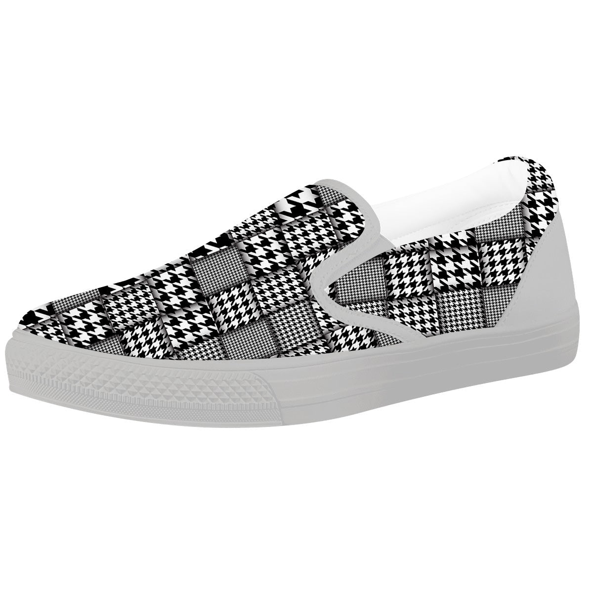 Geometric Patchwork Houndstooth Print Pattern White Slip On Shoes-grizzshop
