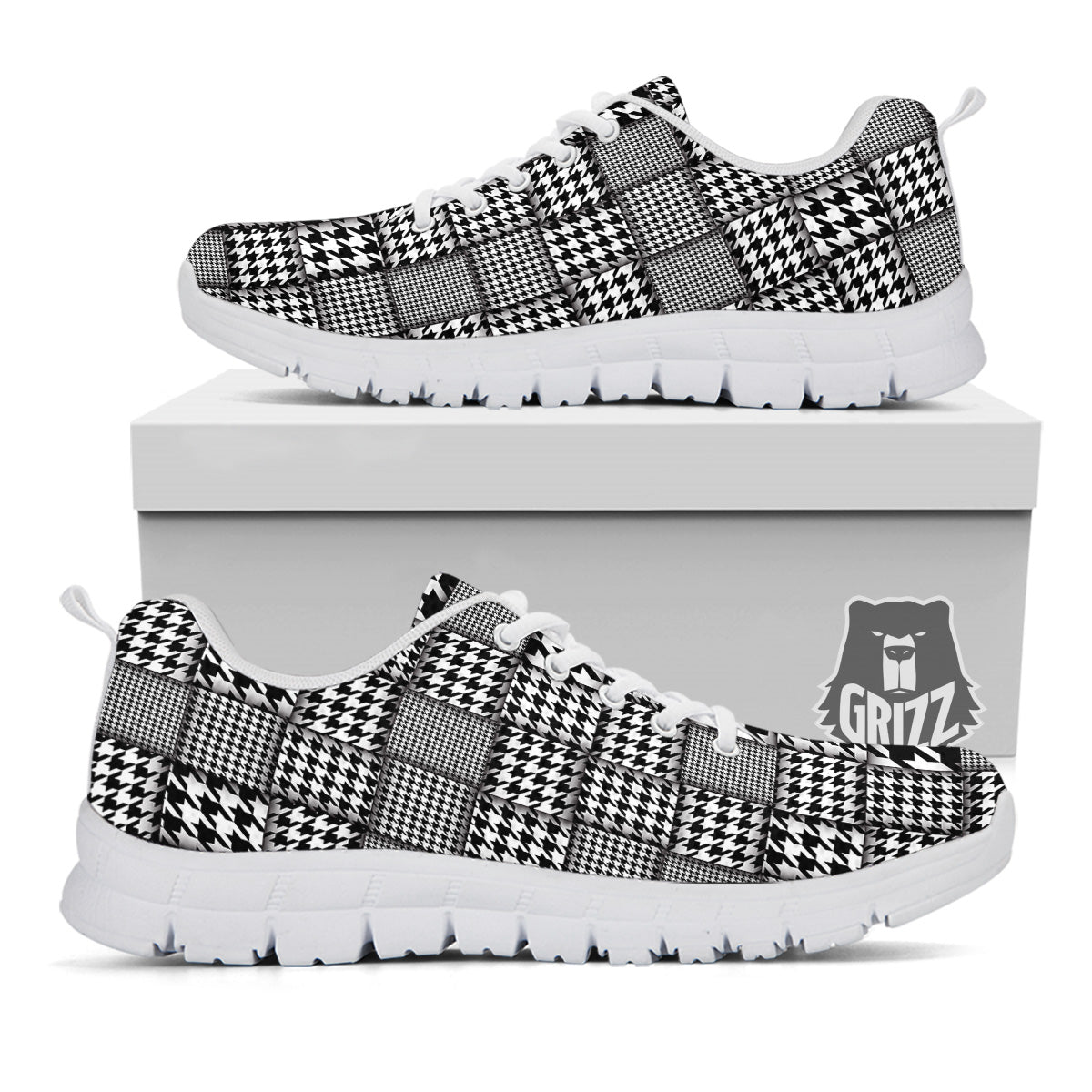 Geometric Patchwork Houndstooth Print Pattern White Sneaker-grizzshop