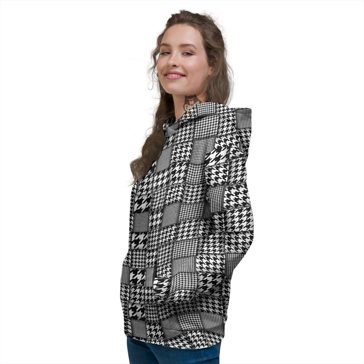 Geometric Patchwork Houndstooth Print Pattern Women's Hoodie-grizzshop