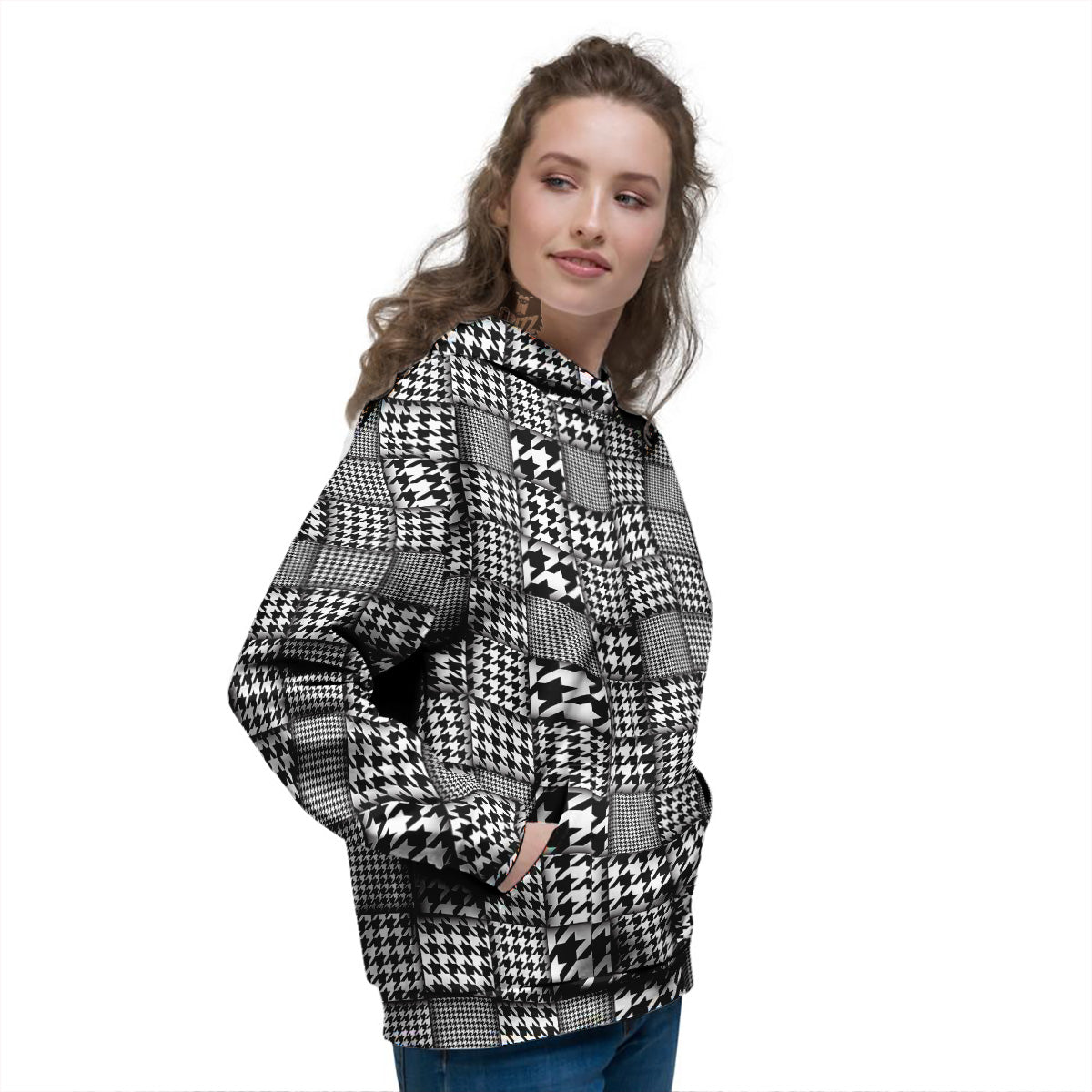 Geometric Patchwork Houndstooth Print Pattern Women's Hoodie-grizzshop