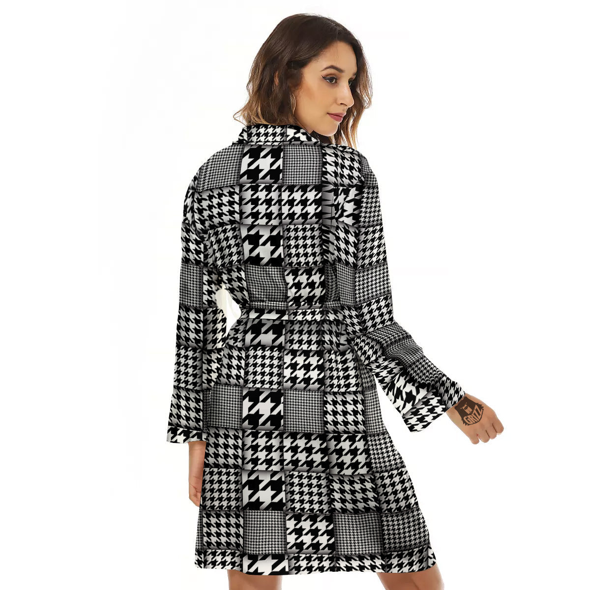 Geometric Patchwork Houndstooth Print Pattern Women's Robe-grizzshop