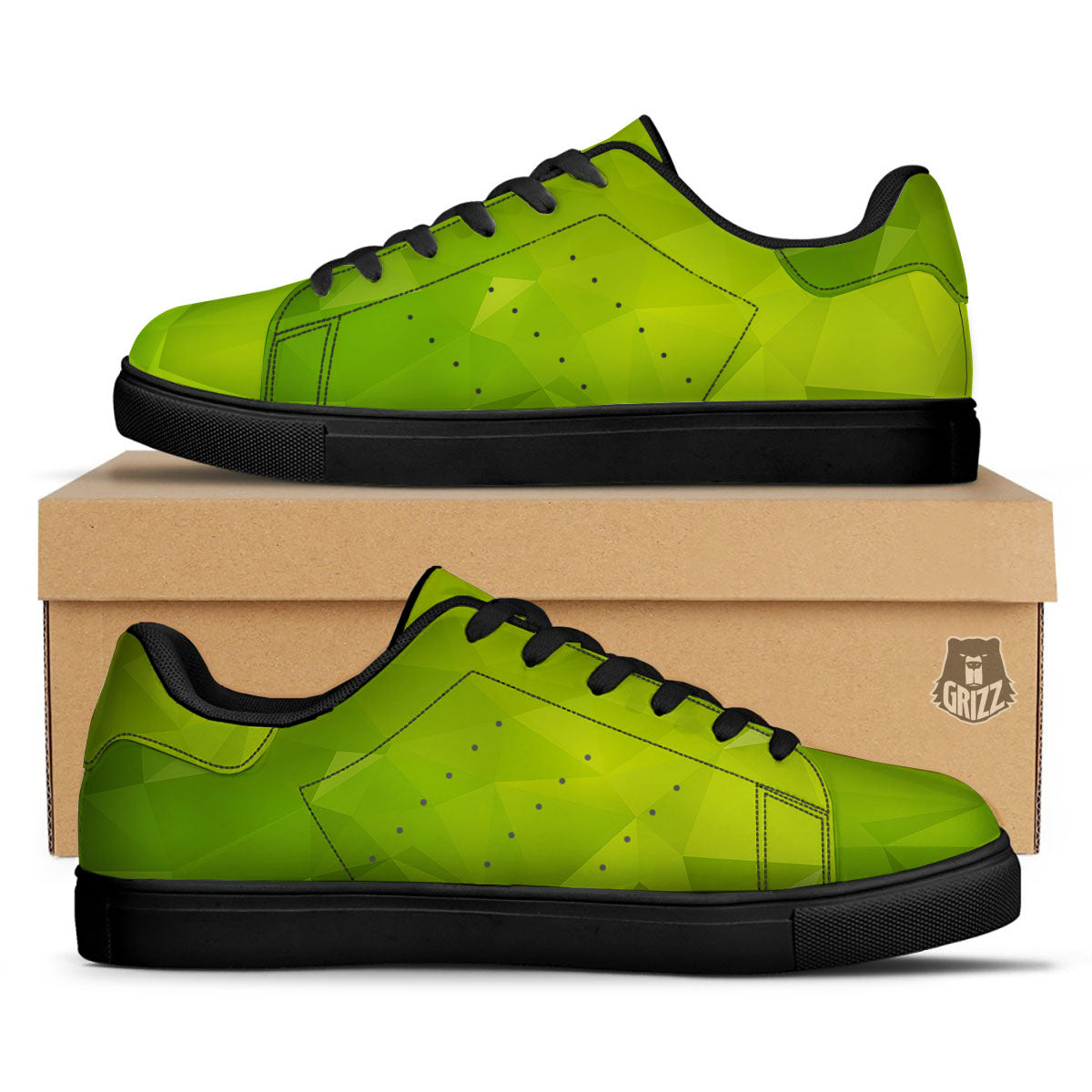 Geometric Polygonal Green Print Black Low Top Sneakers-grizzshop