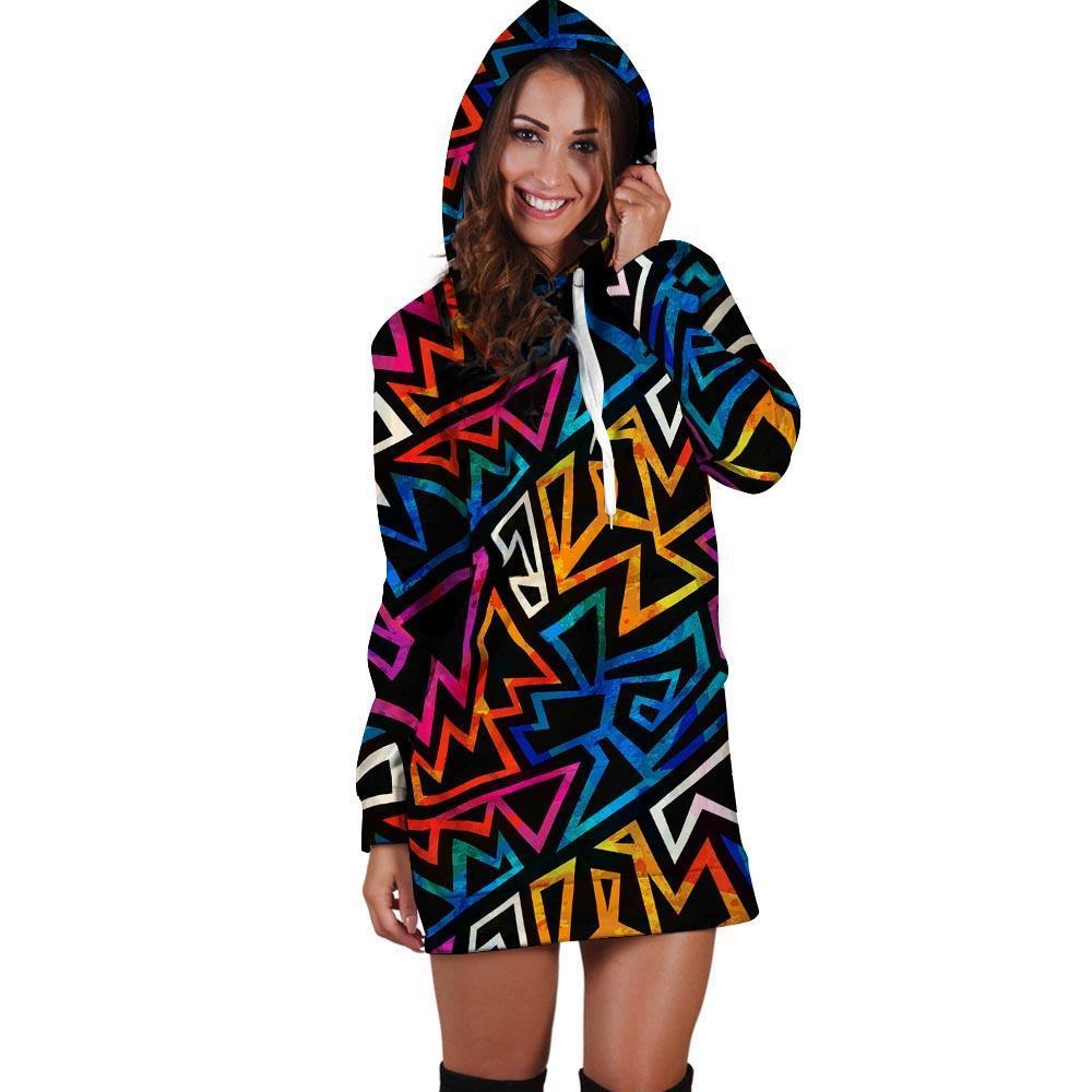 Geometric Print Hoodie Dress-grizzshop