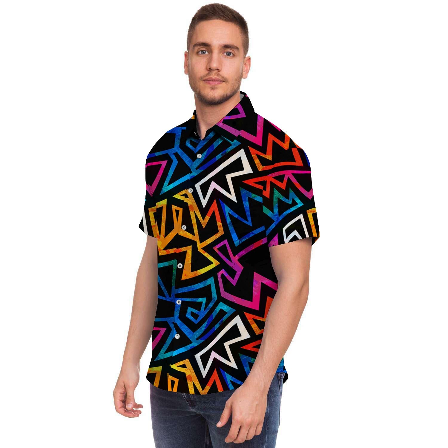 Geometric Print Men's Short Sleeve Shirt-grizzshop