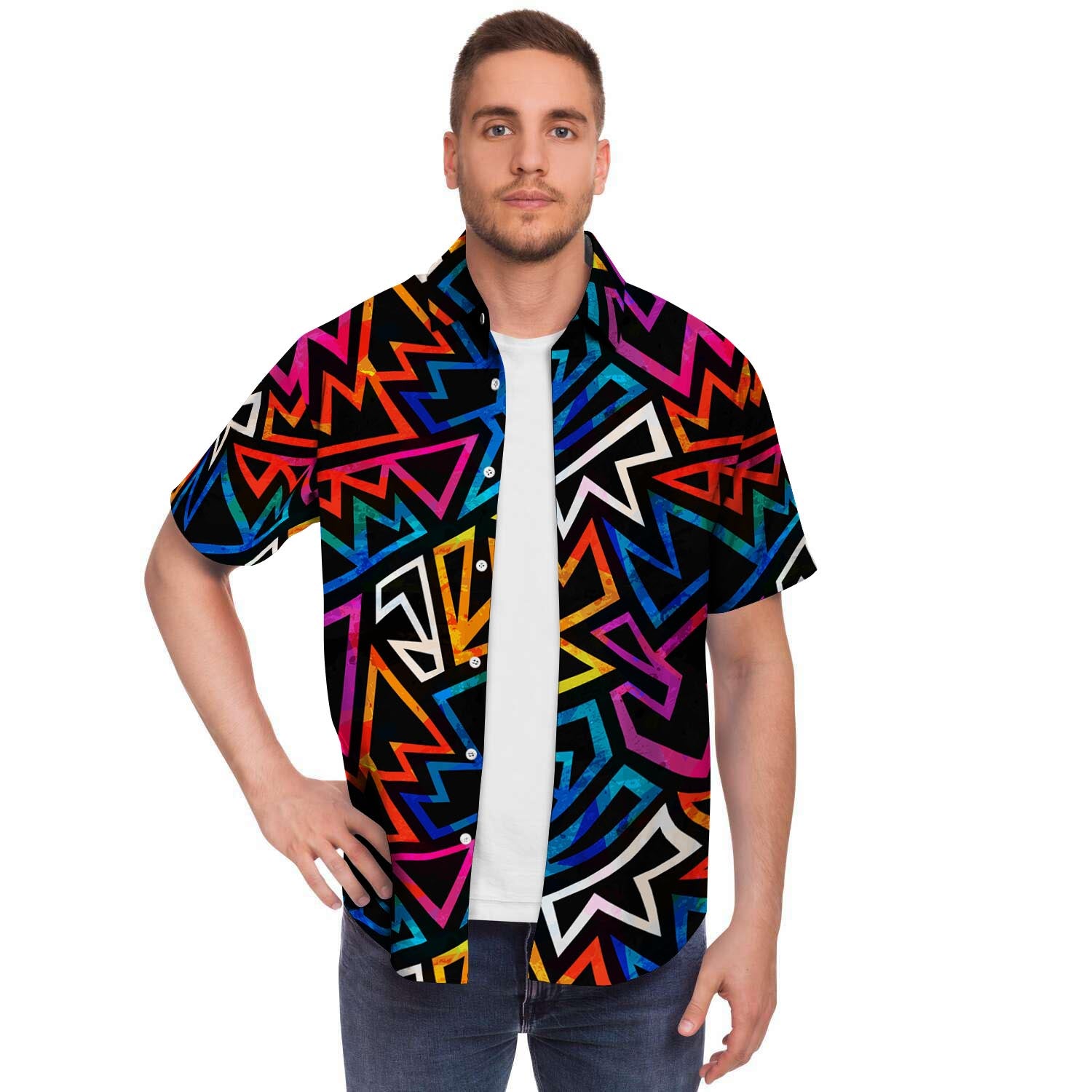 Geometric Print Men's Short Sleeve Shirt-grizzshop