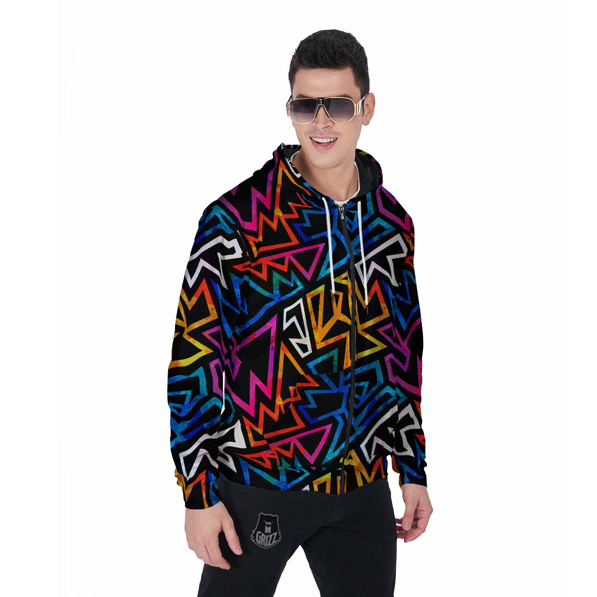 Geometric Print Men's Zip Up Hoodie-grizzshop