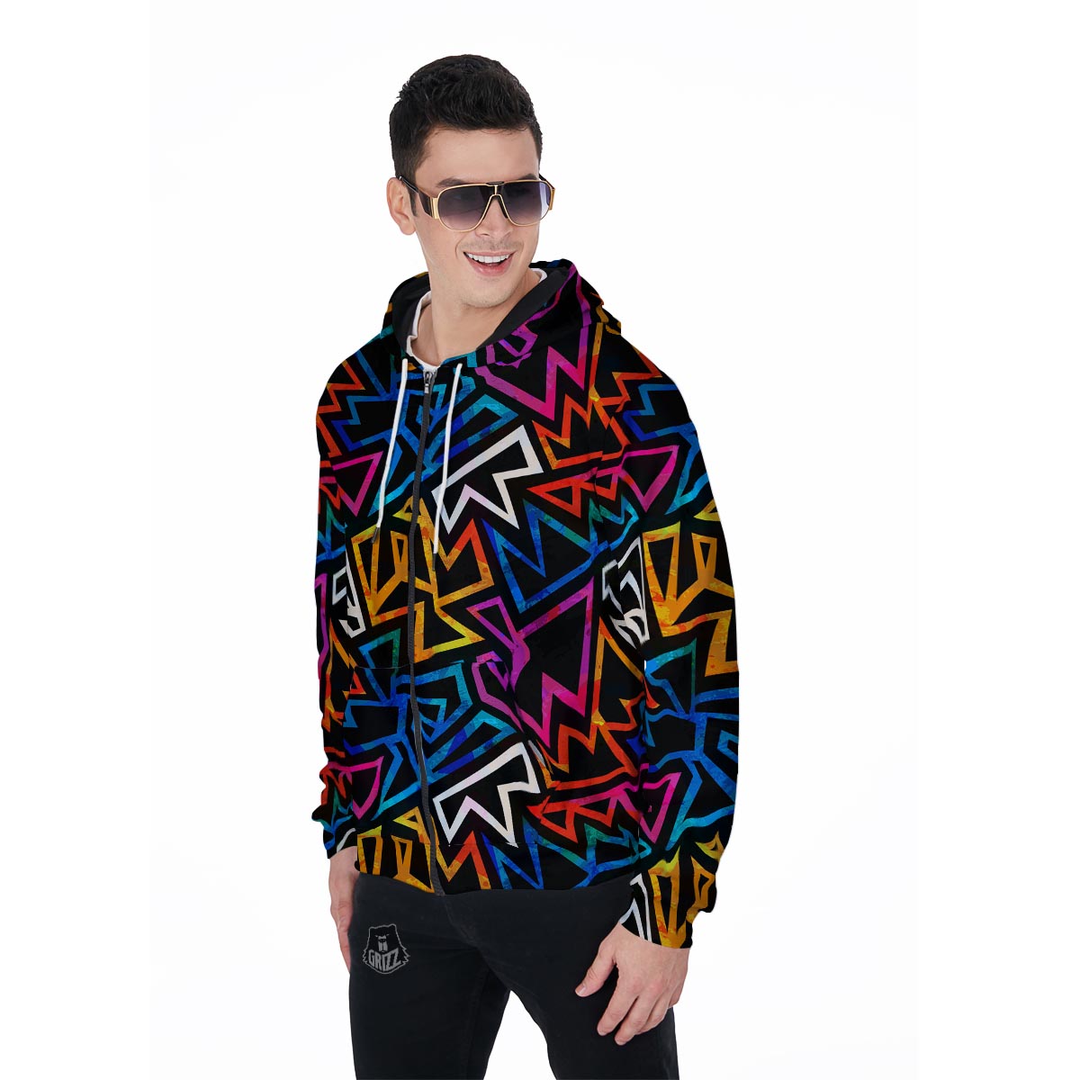 Geometric Print Men's Zip Up Hoodie-grizzshop