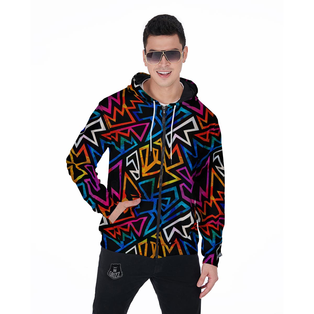 Geometric Print Men's Zip Up Hoodie-grizzshop