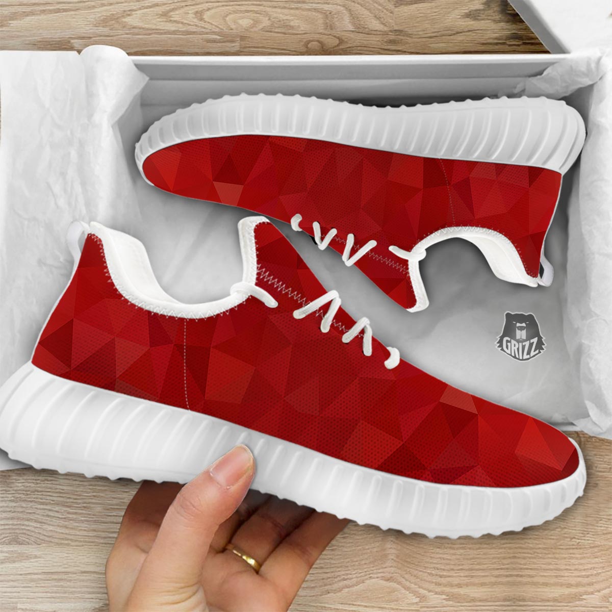 Geometric Red Print Pattern White Walking Shoes-grizzshop