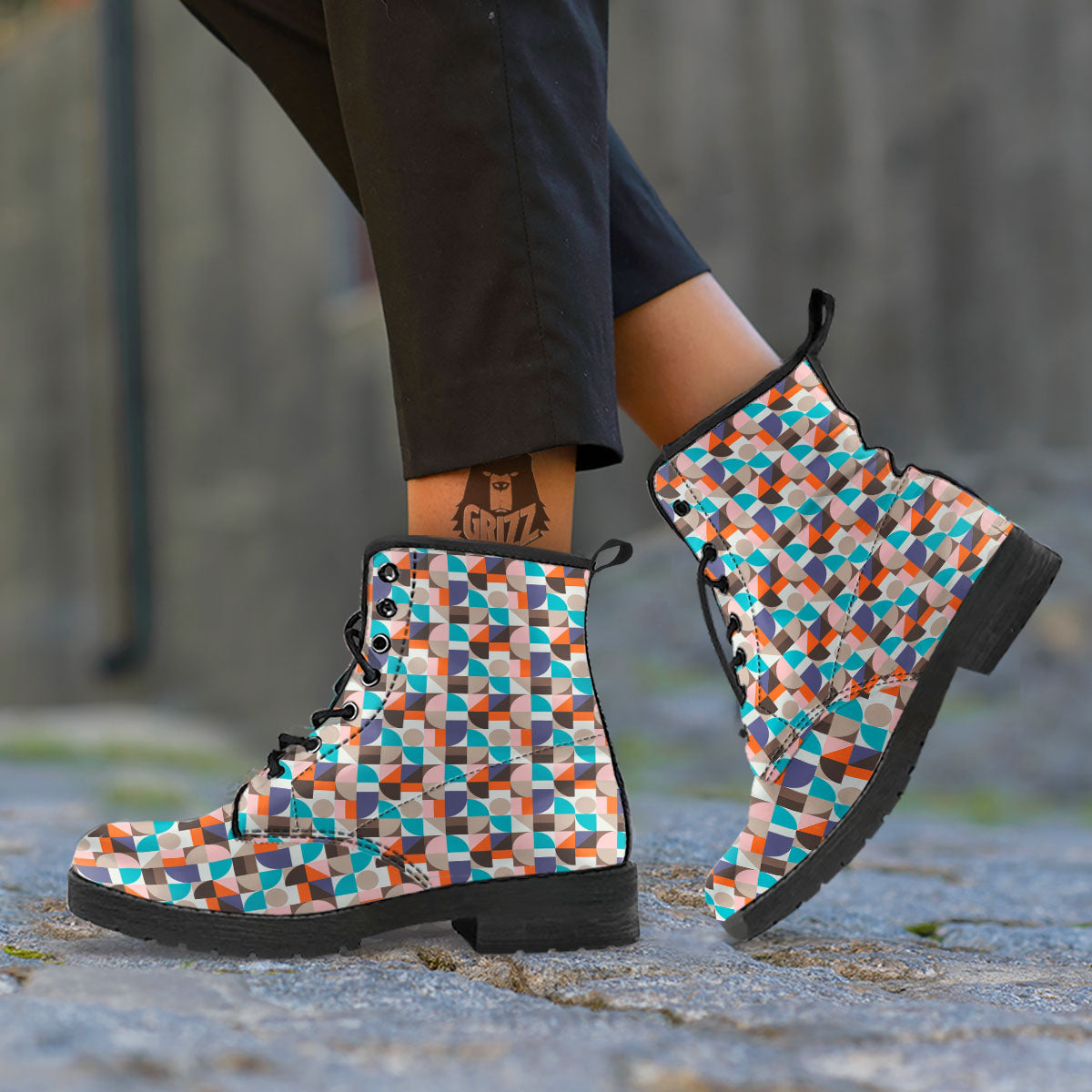 Geometric Shape Pastel Print Pattern Leather Boots-grizzshop