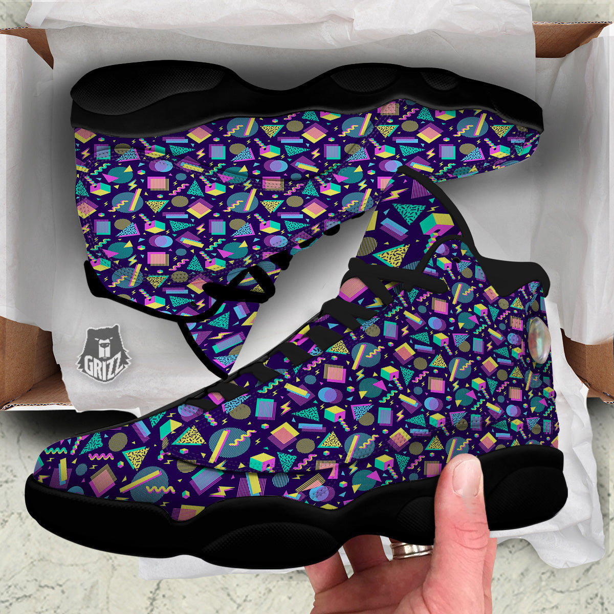 Geometric Shapes Neon Print Pattern Black Basketball Shoes-grizzshop