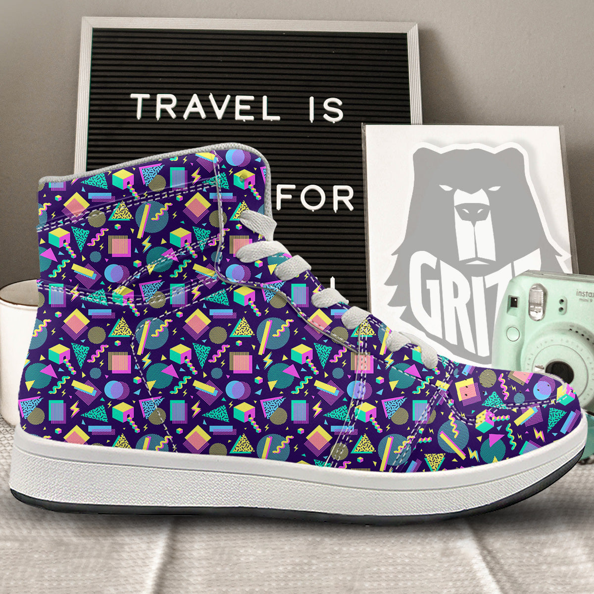 Geometric Shapes Neon Print Pattern High Top Sneakers-grizzshop