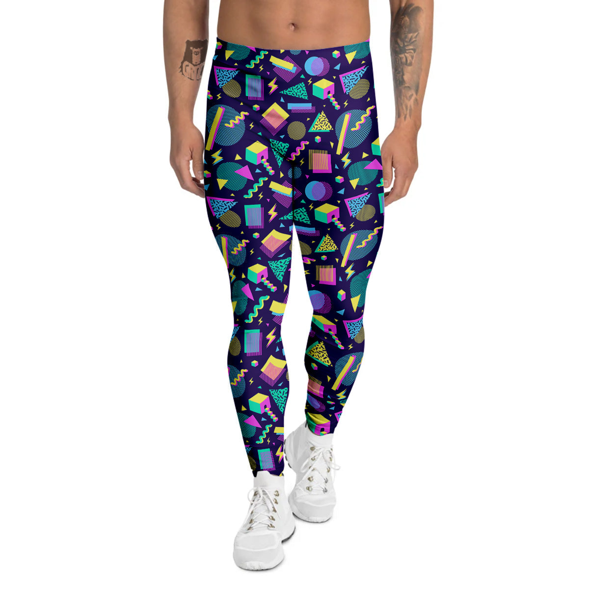 Geometric Shapes Neon Print Pattern Men's Leggings-grizzshop