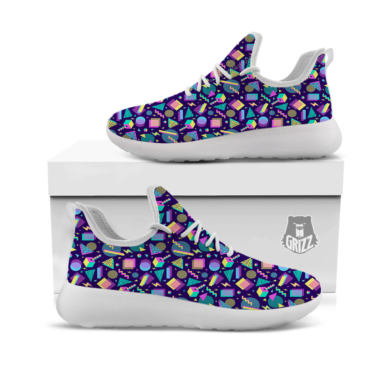 Geometric Shapes Neon Print Pattern White Athletic Shoes-grizzshop