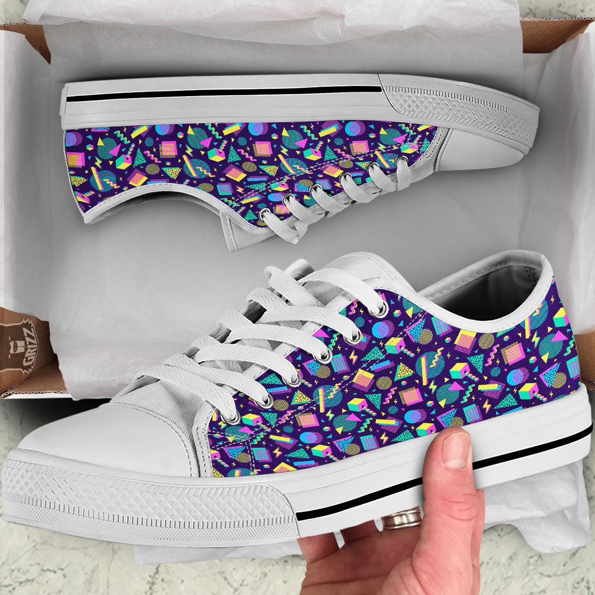 Geometric Shapes Neon Print Pattern White Low Top Shoes-grizzshop