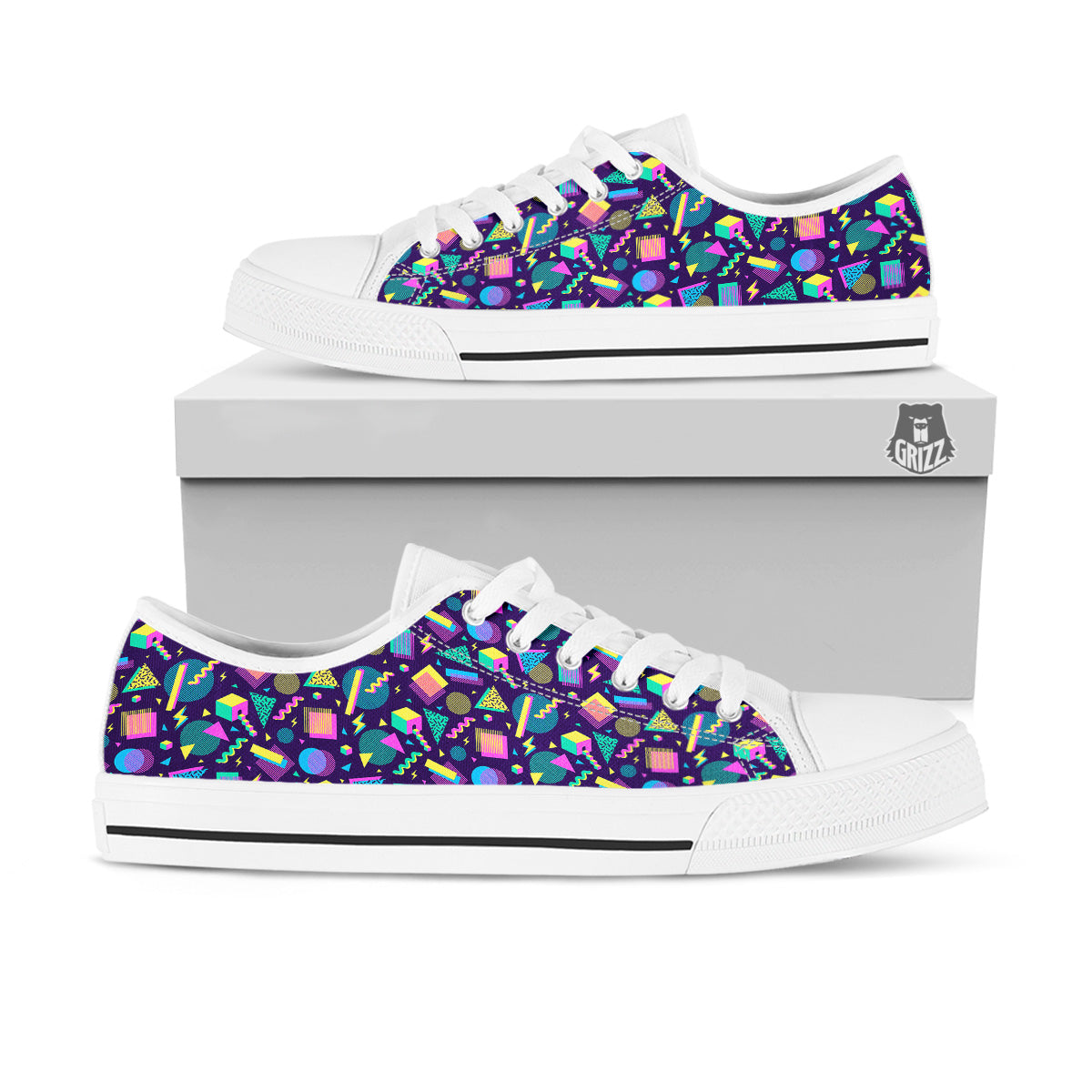Geometric Shapes Neon Print Pattern White Low Top Shoes-grizzshop