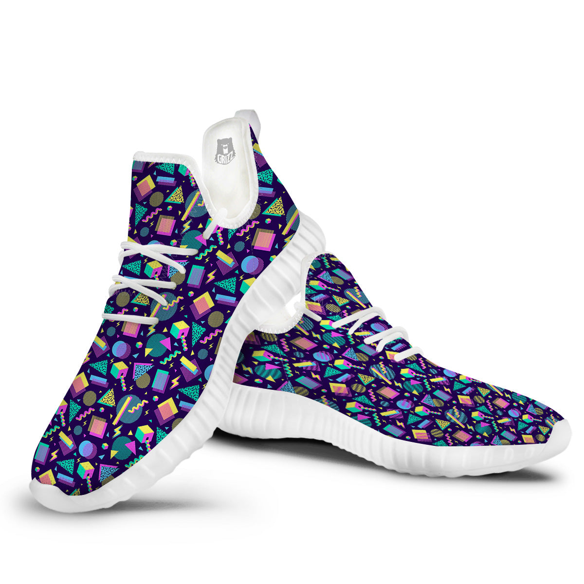 Geometric Shapes Neon Print Pattern White Walking Shoes-grizzshop