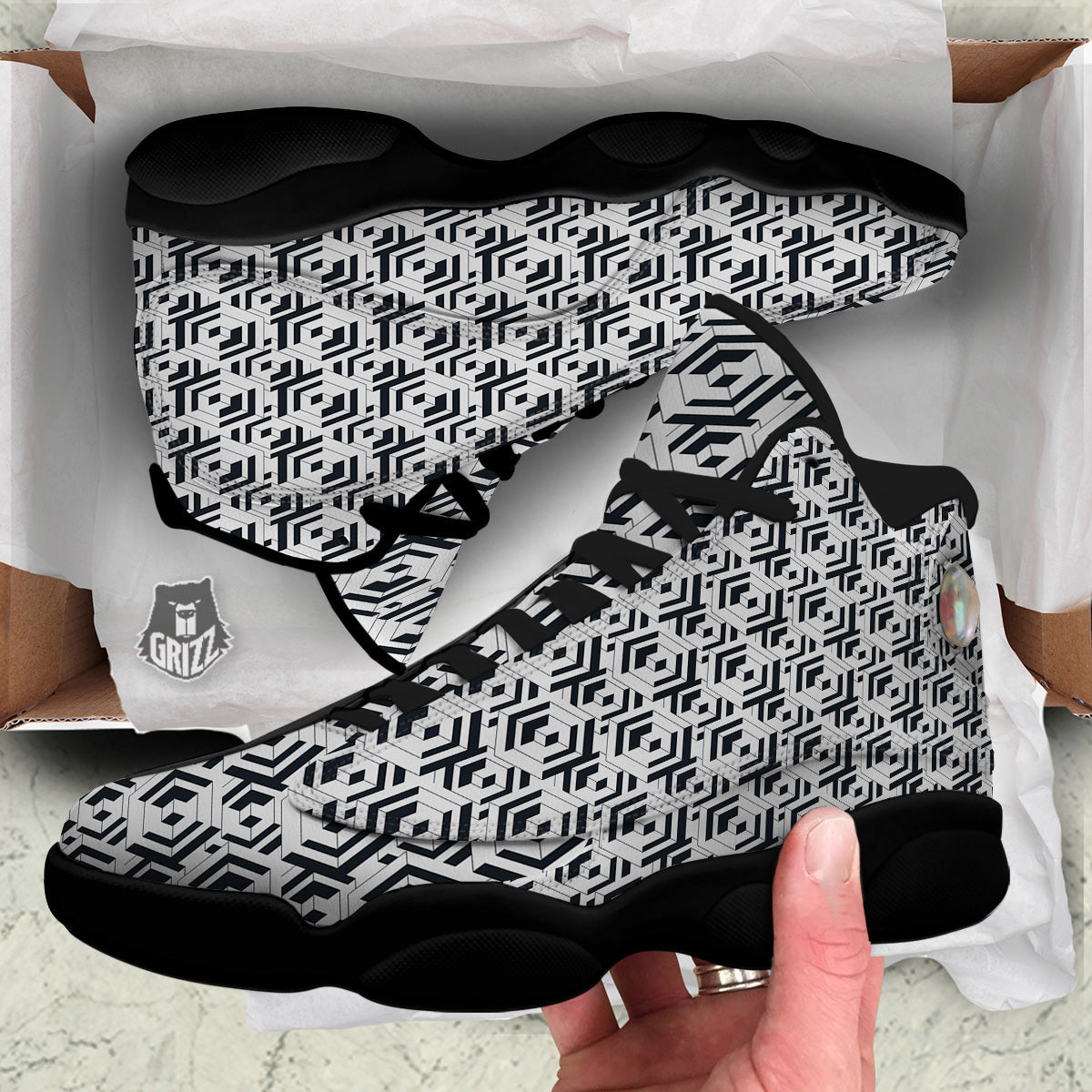 Geometric Simple Black And White Print Pattern Black Basketball Shoes-grizzshop