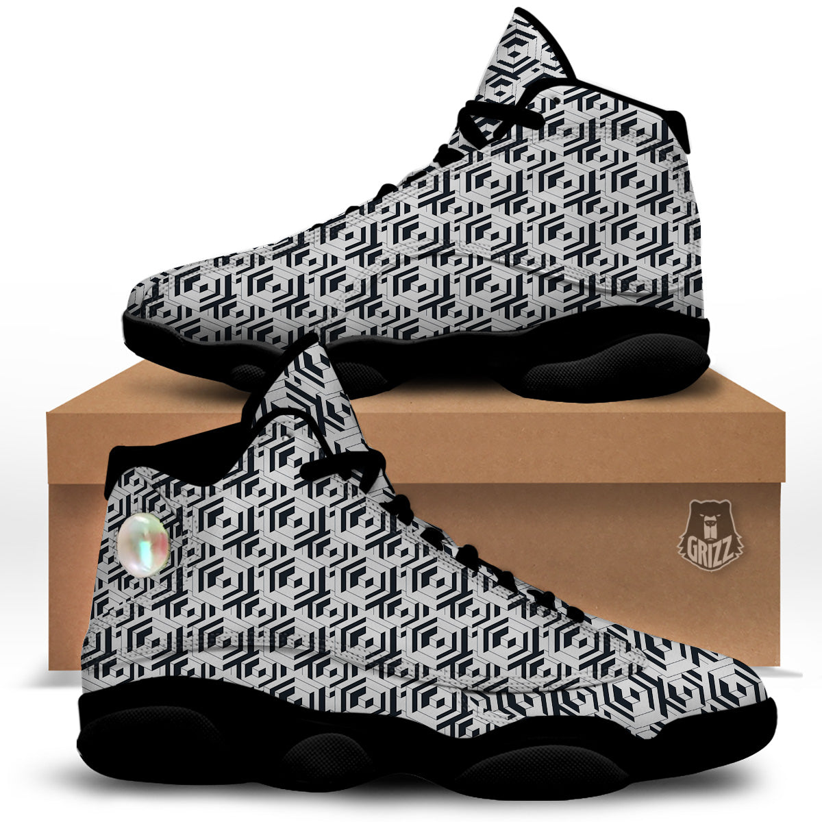 Geometric Simple Black And White Print Pattern Black Basketball Shoes-grizzshop