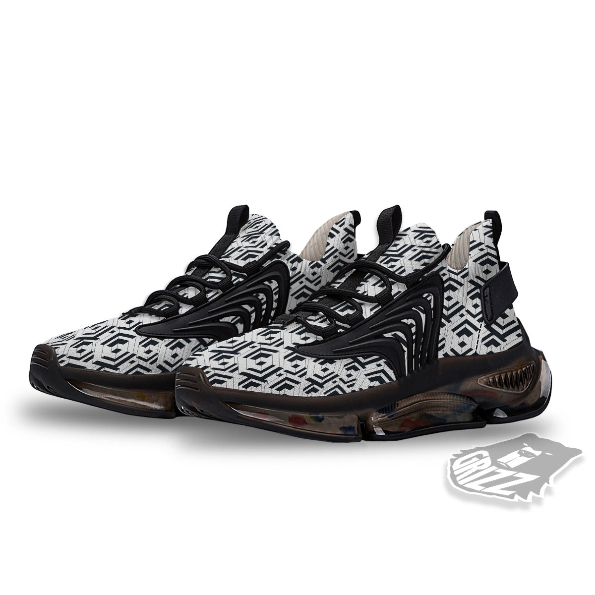 Geometric Simple Black And White Print Pattern Black Gym Shoes-grizzshop