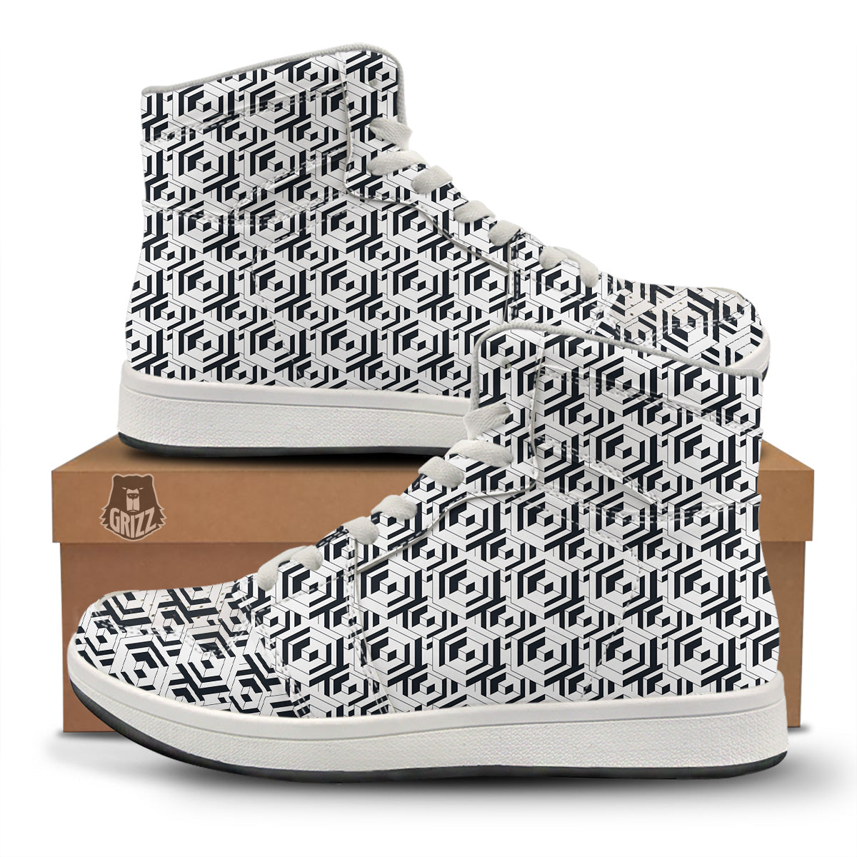 Geometric Simple Black And White Print Pattern High Top Sneakers-grizzshop