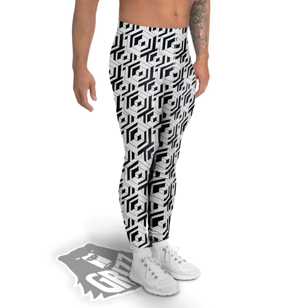 Geometric Simple Black And White Print Pattern Men's Leggings-grizzshop