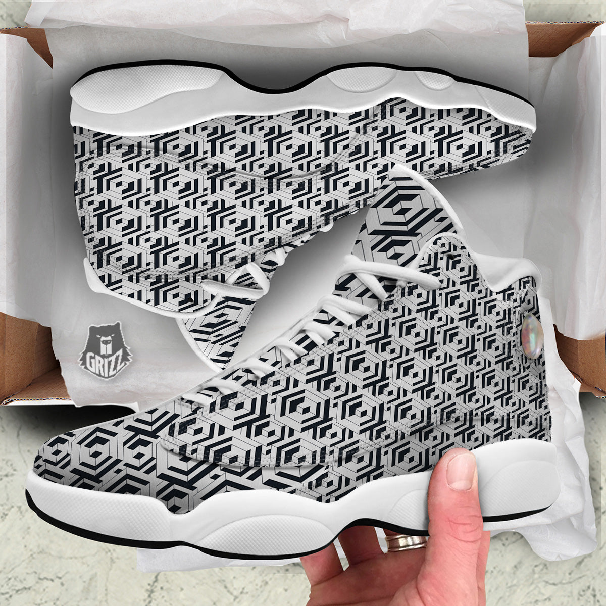 Geometric Simple Black And White Print Pattern White Basketball Shoes-grizzshop