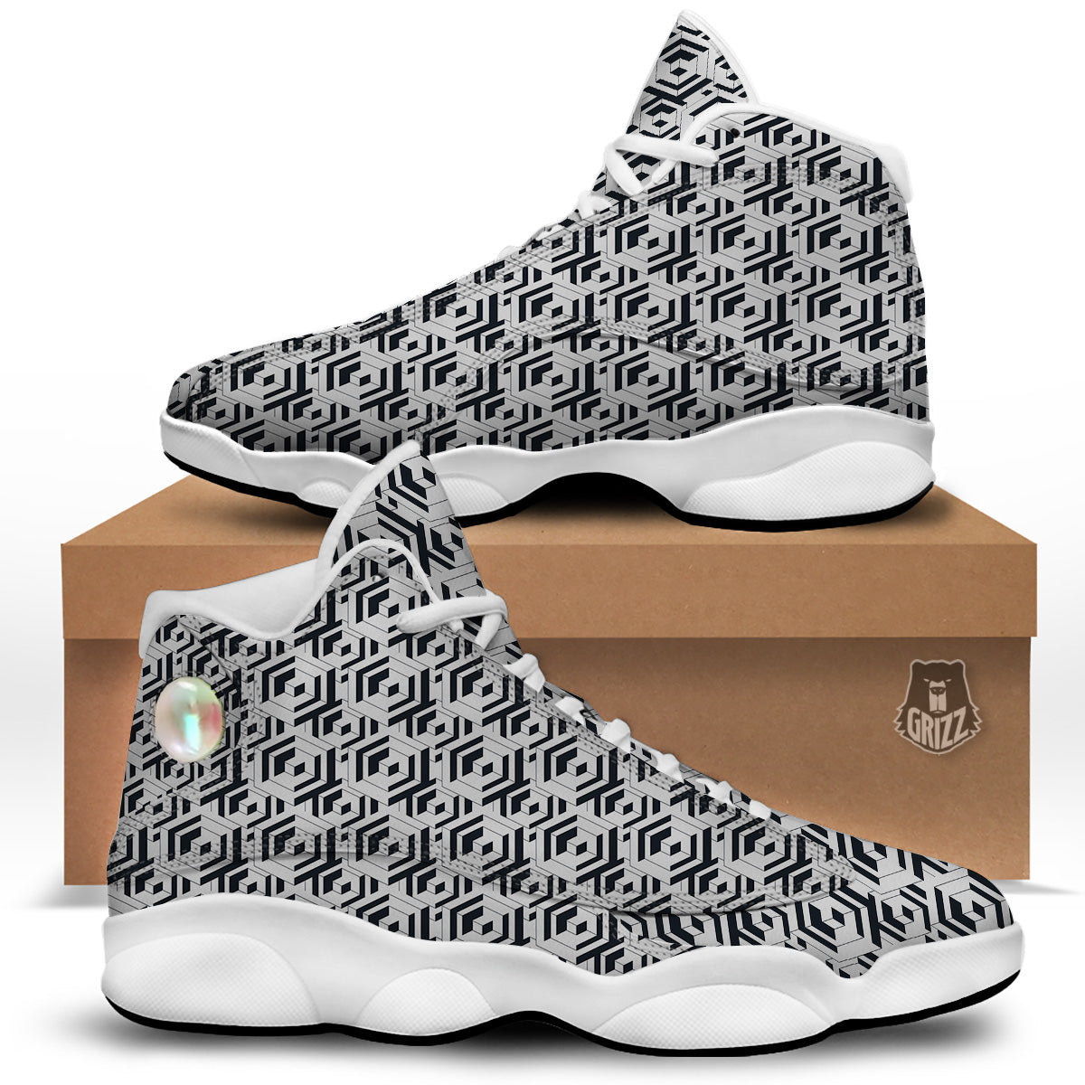 Geometric Simple Black And White Print Pattern White Basketball Shoes-grizzshop