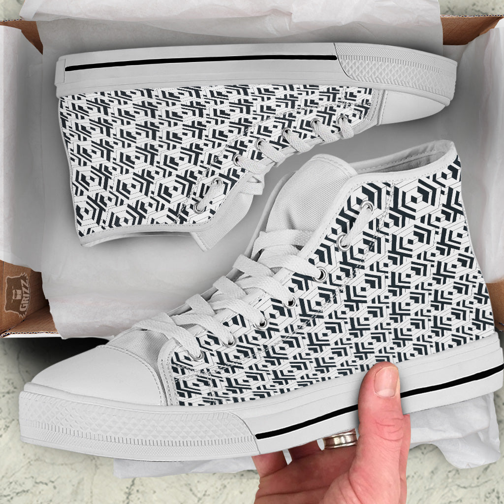 Geometric Simple Black And White Print Pattern White High Top Shoes-grizzshop