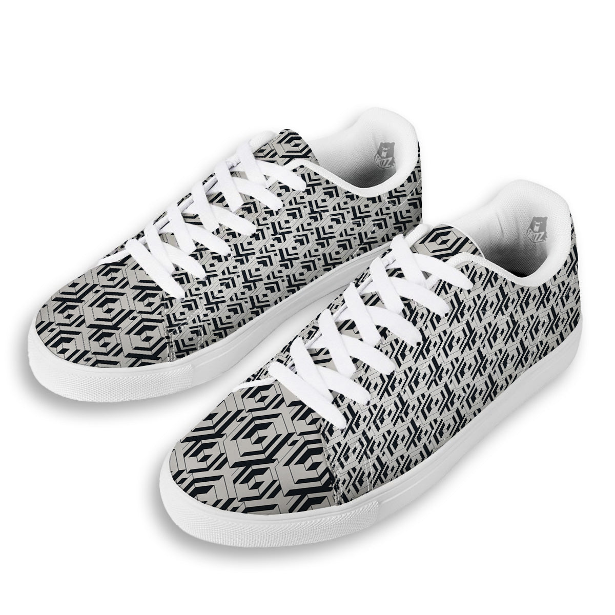 Geometric Simple Black And White Print Pattern White Low Top Sneakers-grizzshop