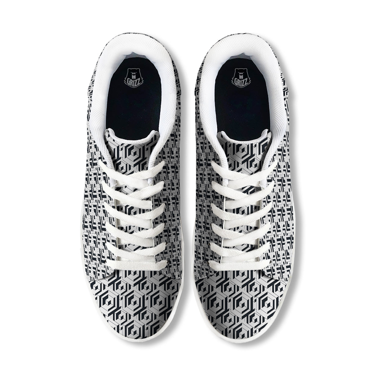 Geometric Simple Black And White Print Pattern White Low Top Sneakers-grizzshop