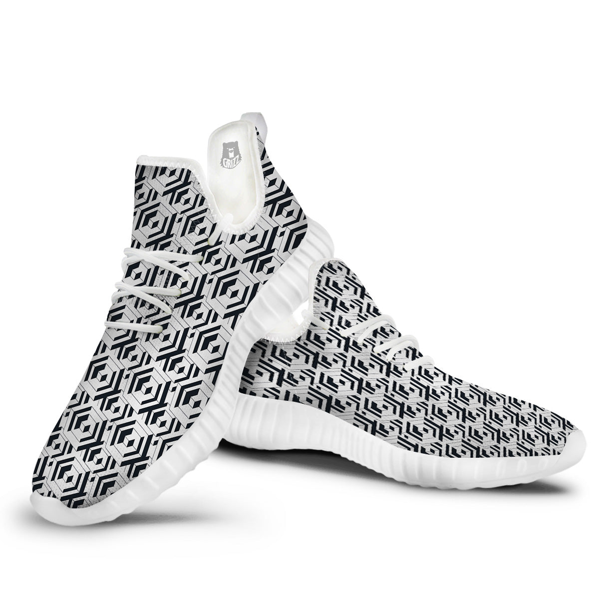 Geometric Simple Black And White Print Pattern White Walking Shoes-grizzshop
