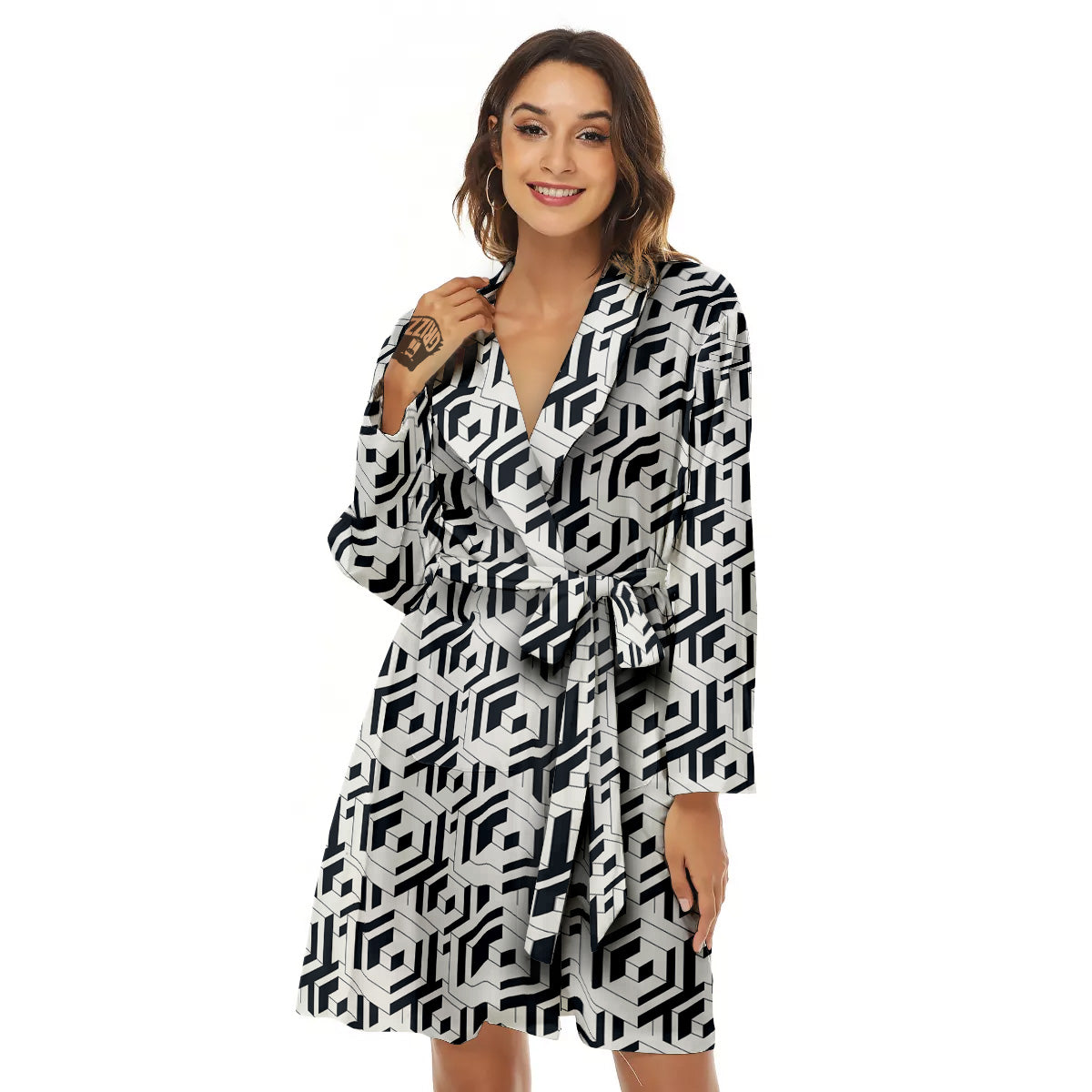 Geometric Simple Black And White Print Pattern Women's Robe-grizzshop