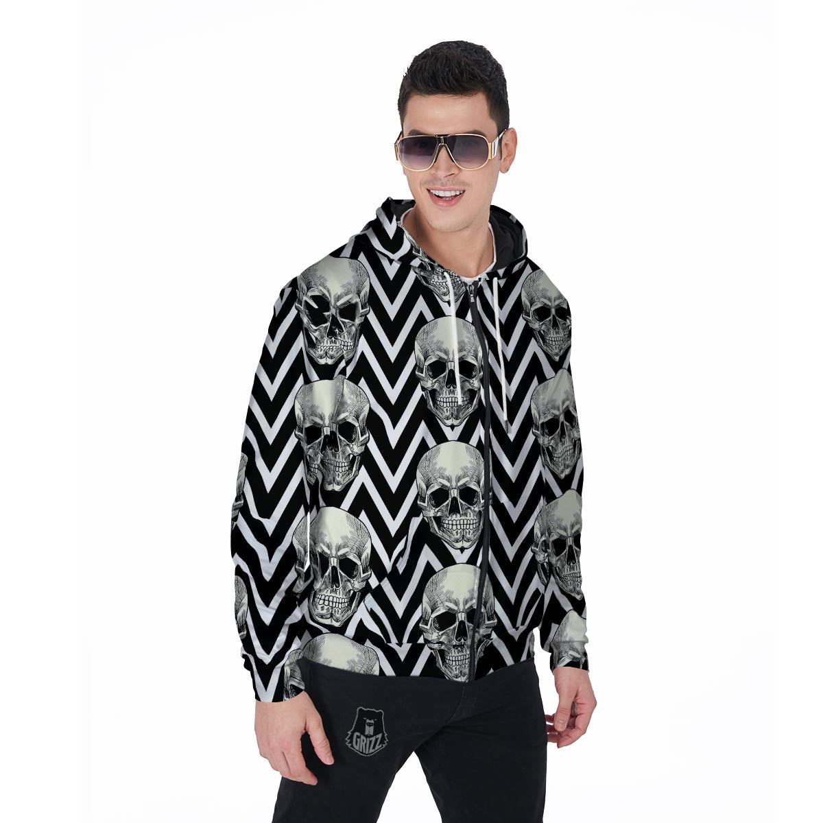 Geometric Skull Men's Zip Up Hoodie-grizzshop