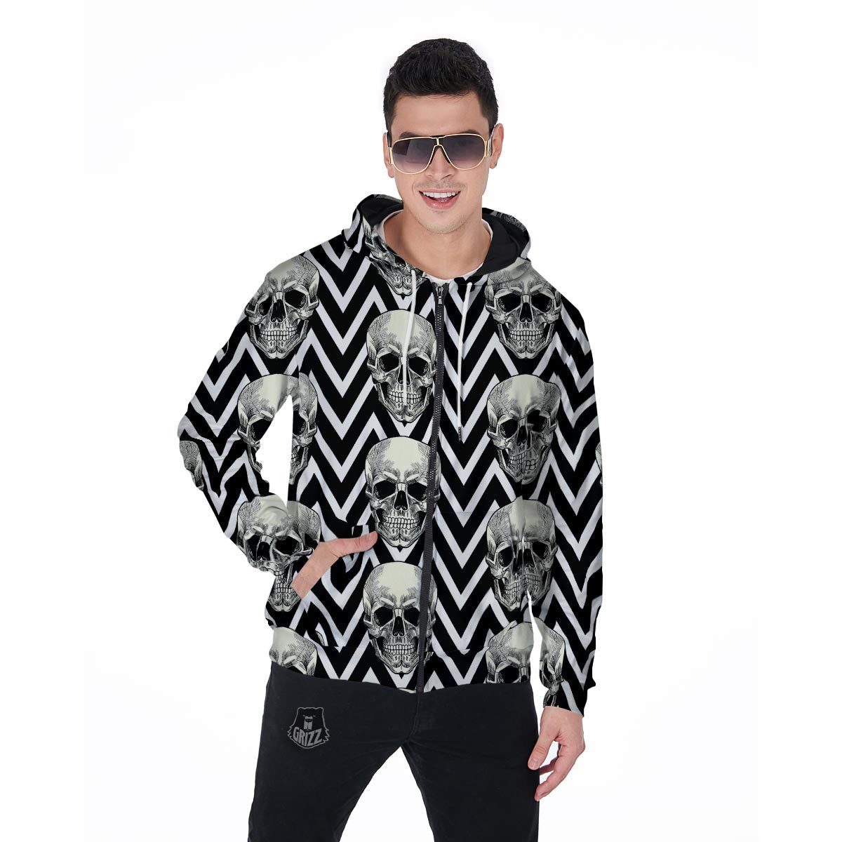 Geometric Skull Men's Zip Up Hoodie-grizzshop