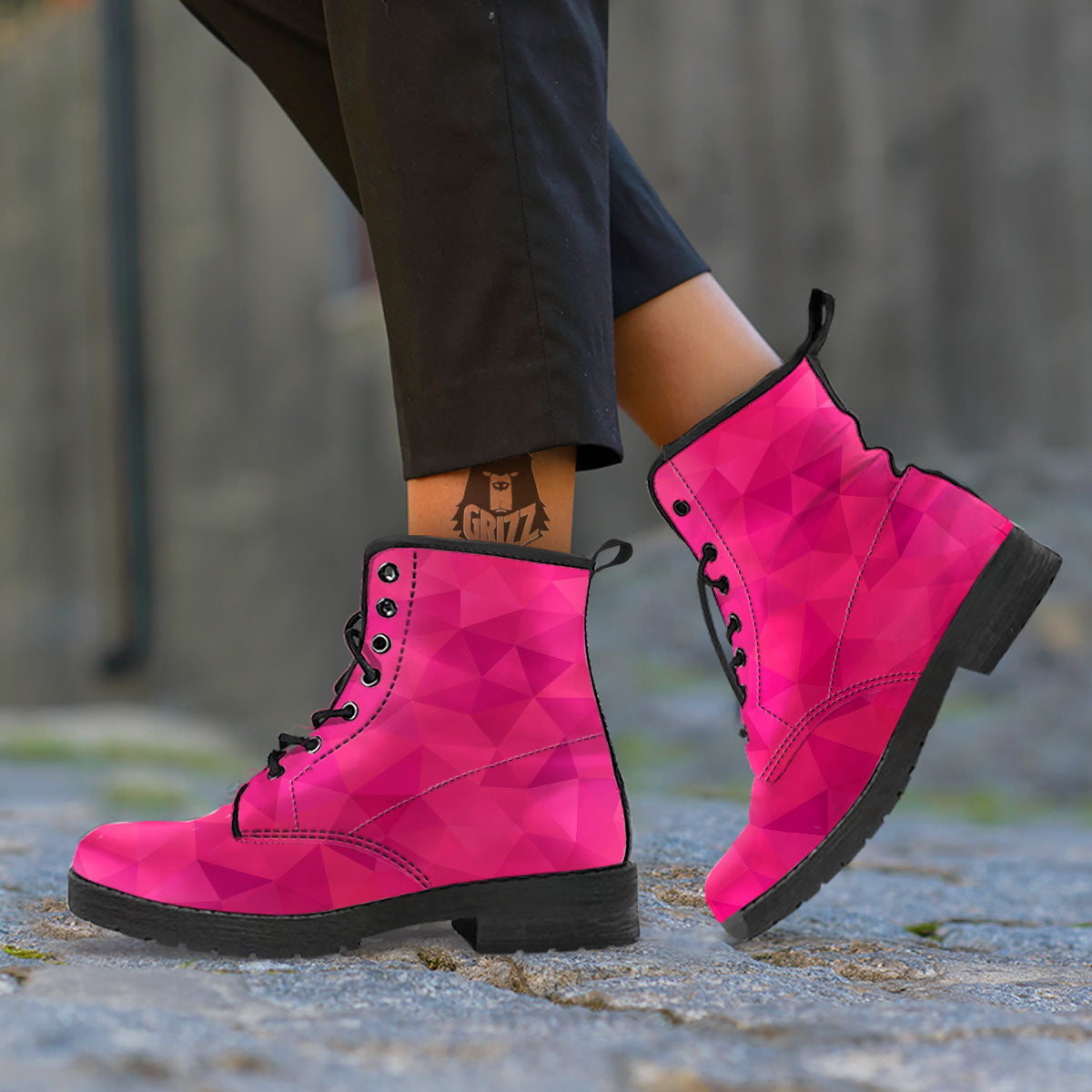 Geometric Square Pink Print Pattern Leather Boots-grizzshop
