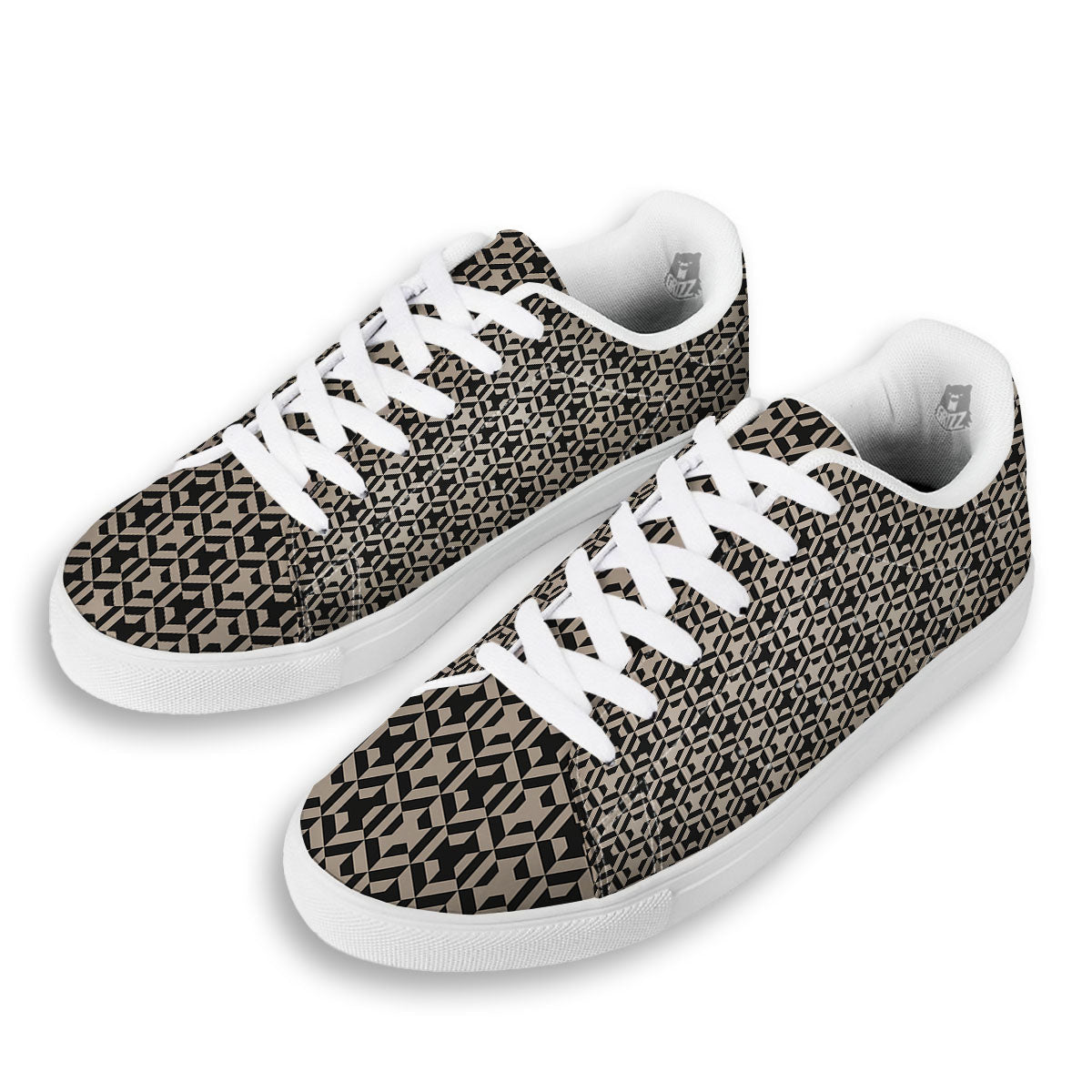 Geometric Triangle Beige And Black Print White Low Top Sneakers-grizzshop