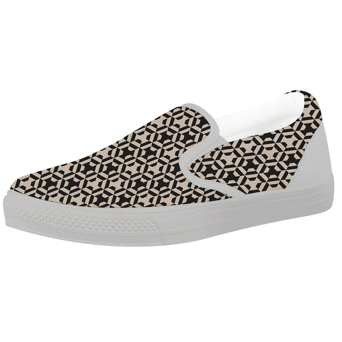 Geometric Triangle Beige And Black Print White Slip On Shoes-grizzshop