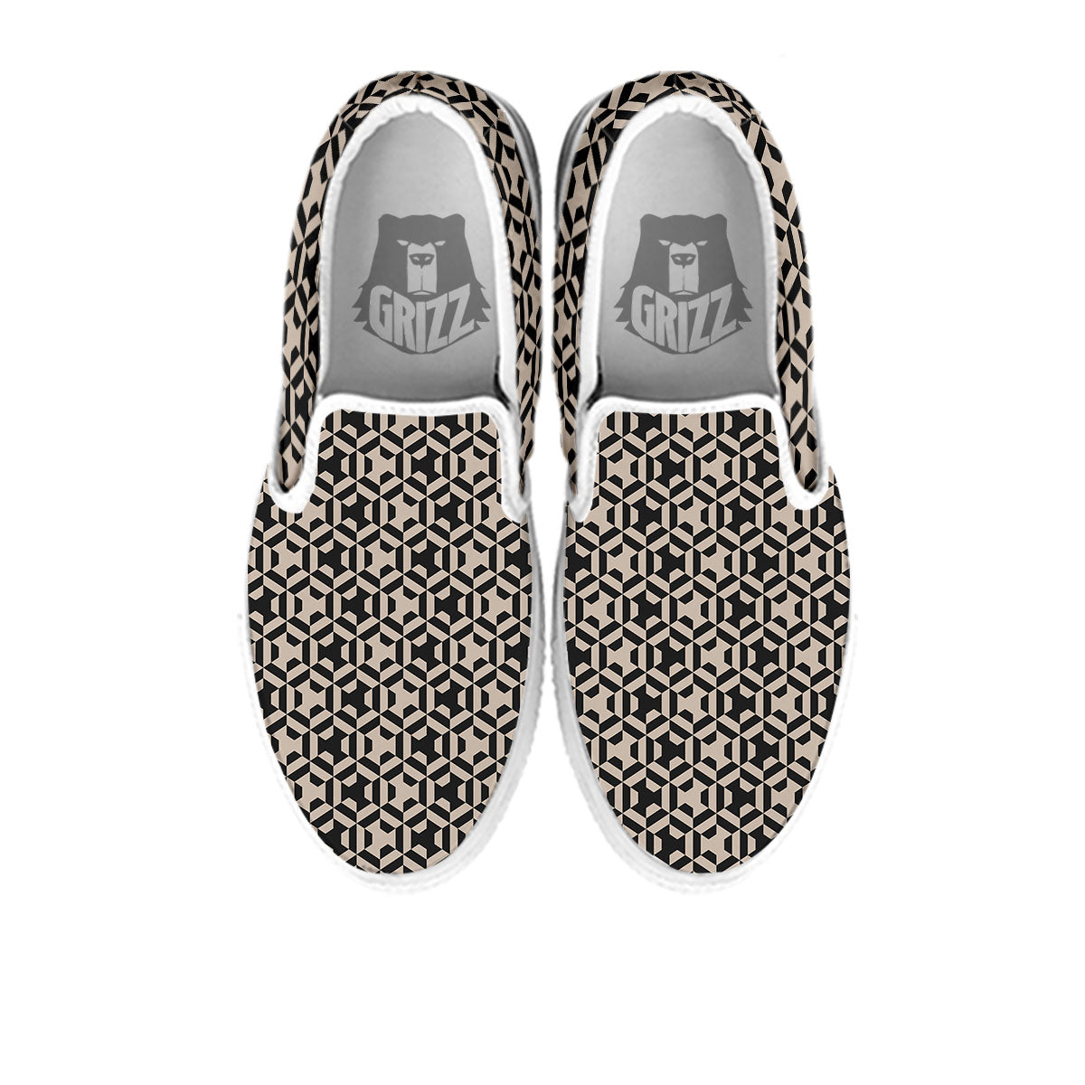 Geometric Triangle Beige And Black Print White Slip On Shoes-grizzshop