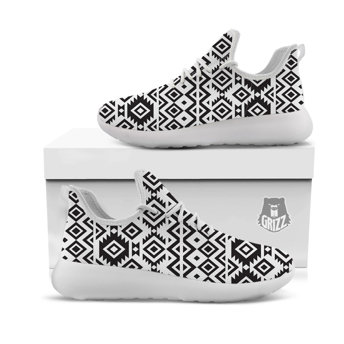 Geometric Tribal Aztec Print Pattern White Athletic Shoes-grizzshop