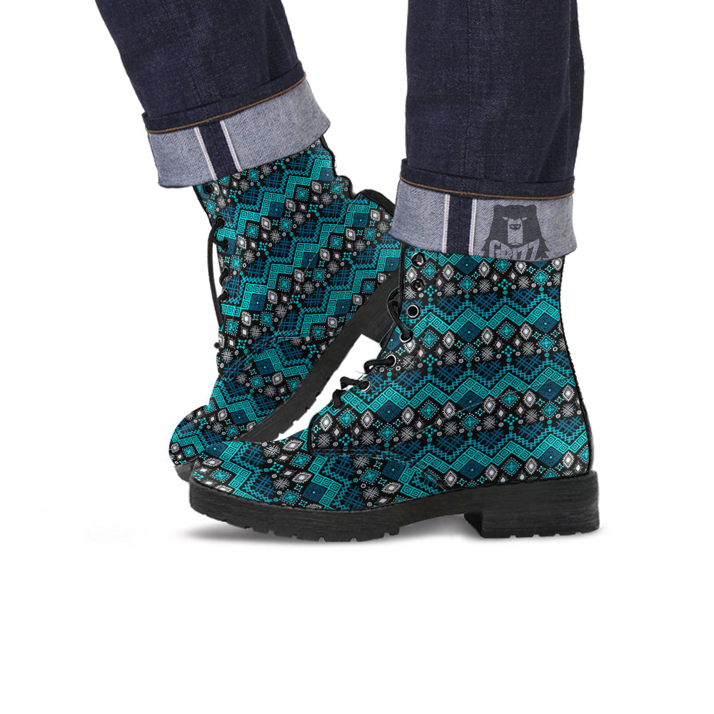 Geometric Turquoise Aztec Print Pattern Leather Boots-grizzshop