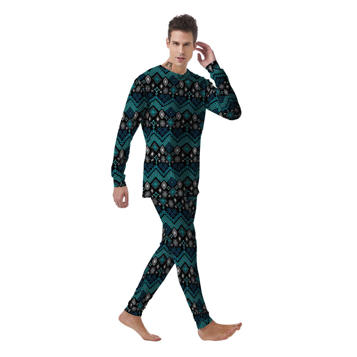 Geometric Turquoise Aztec Print Pattern Men's Pajamas-grizzshop